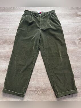 Vintage 90s Tommy Hilfiger High Waist Pleated Corduroy Olive Pants ACTUAL 32x29